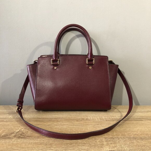 Michael Kors Selma Medium Saffiano Leather Merlot/Wine Satchel Crosbody Handbag - Picture 7 of 16